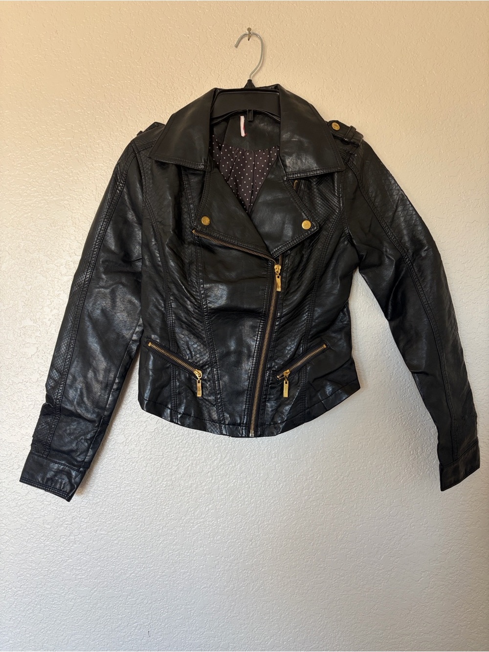 BONGO Black Faux Leather Asymmetric Moto Jacket with Gold Hardware